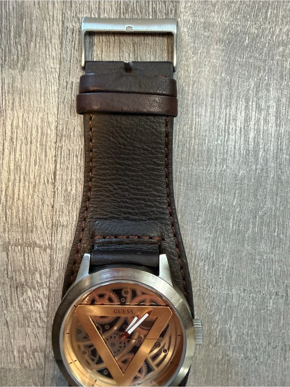 GUESS Men’s Skeleton-Style Watch Rose Gold Dial Brown Genuine Leather Band